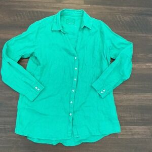 Sigrid Olsen Linen Shirt Emerald Green Button Down Roll Tab Long Sleeve Small